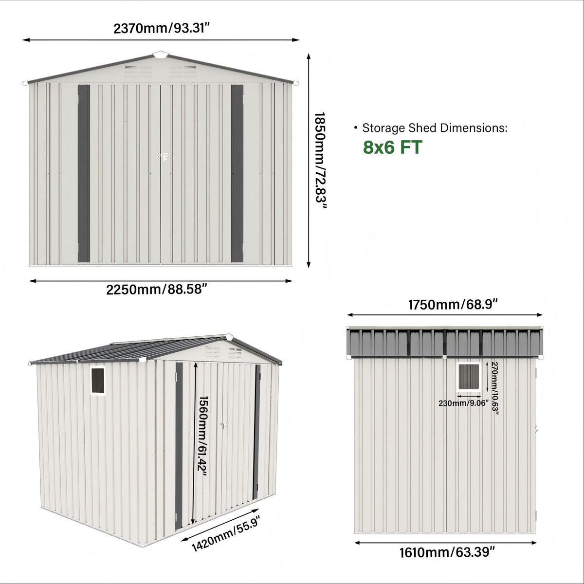 Outdoor Garden Storage Shed with Lockable Doors and Window - White / Gray