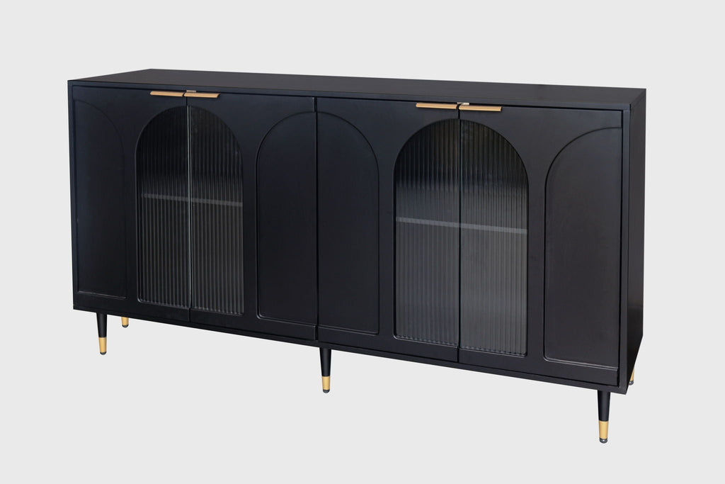 Lacquered Wooden Sideboard with 4 Glass Doors - Black
