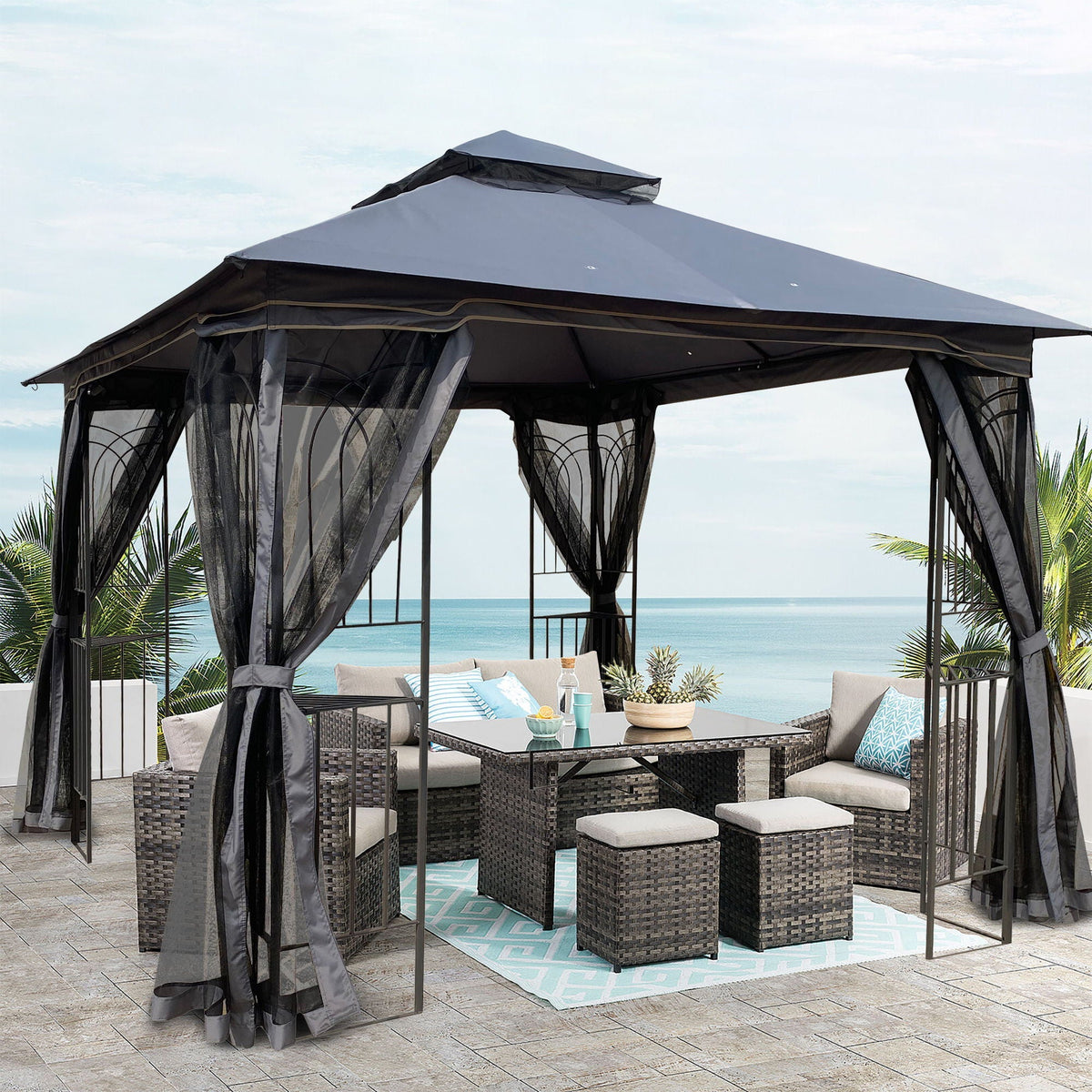 Patio Gazebo Tent with Double Roof and Mosquito Net - Dark Gray or Dark Brown