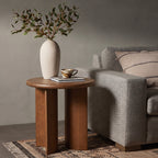 Walnut Finish Pine Wood Round Side Table with Fan-Shaped Legs - Walnut