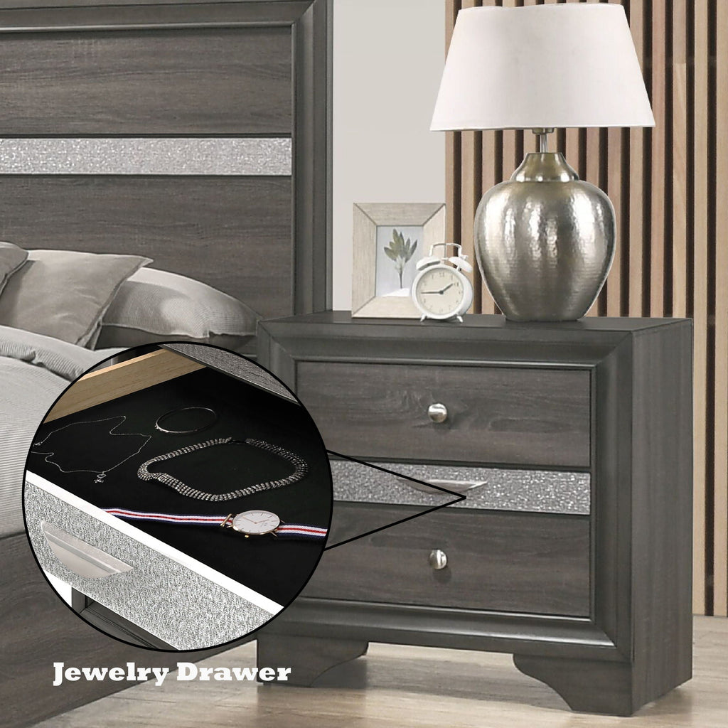 Chic Design Accent Nightstand with Felt-Lined Jewelry Drawer – White, Black, or Dark Gray