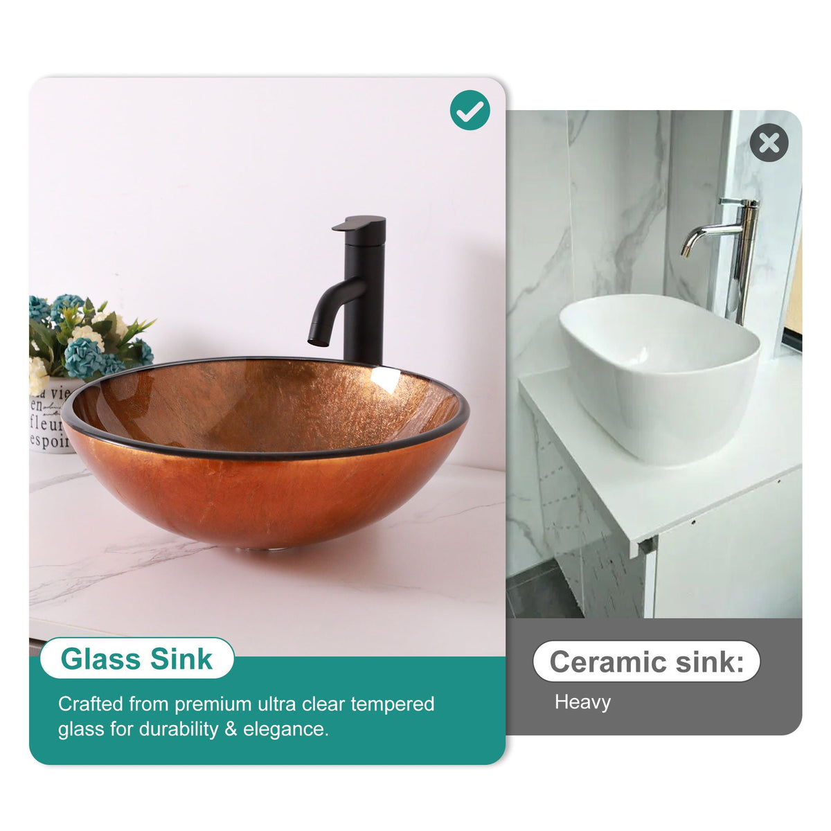 Tempered Glass Vessel Sink with Pop-Up Drain - White, Pearl Silver, Dark Brown, Dark Gray