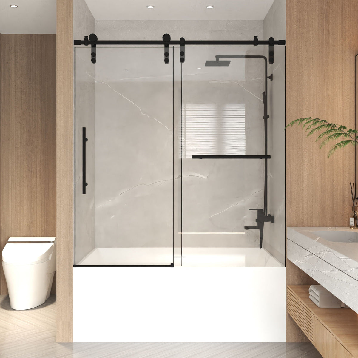 Frameless Sliding Bathtub Door with Tempered Glass - Black or Gray