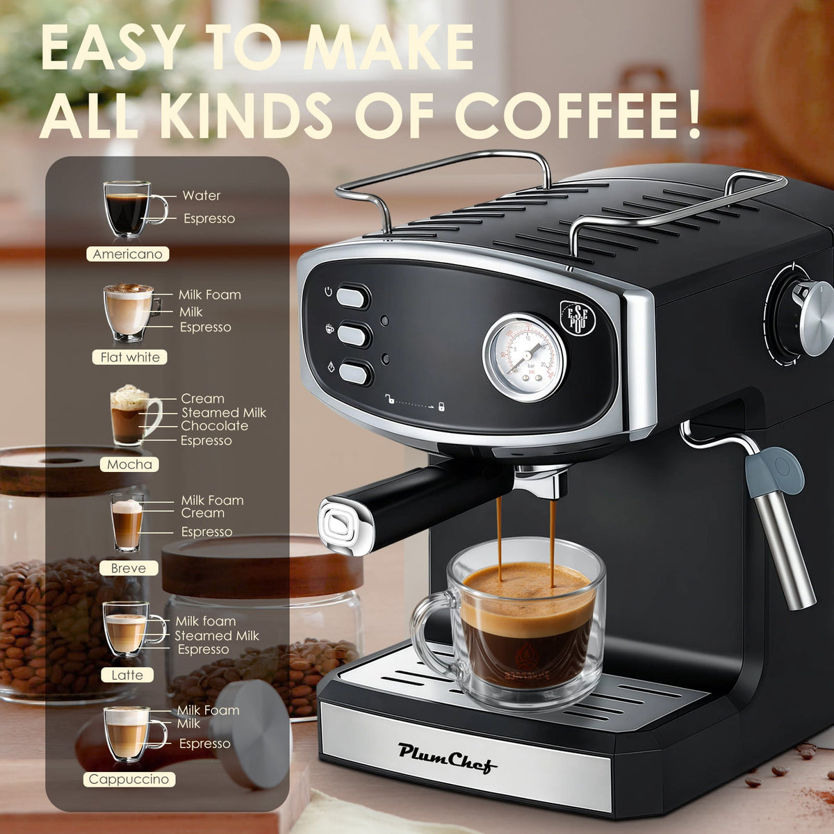 20 Bar Espresso Machine with Semi-Automatic Control - Black or Blue