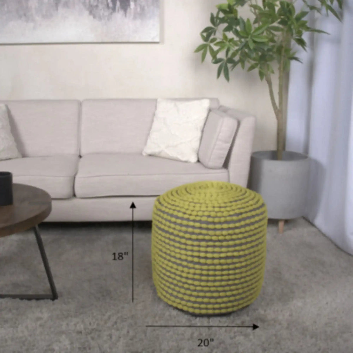 Handcrafted Cylindrical Accent Pouf with Water Resistant Fabric - White, Green, Black