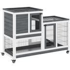 Wooden Rabbit Hutch with Wheels and Removable Tray - Gray