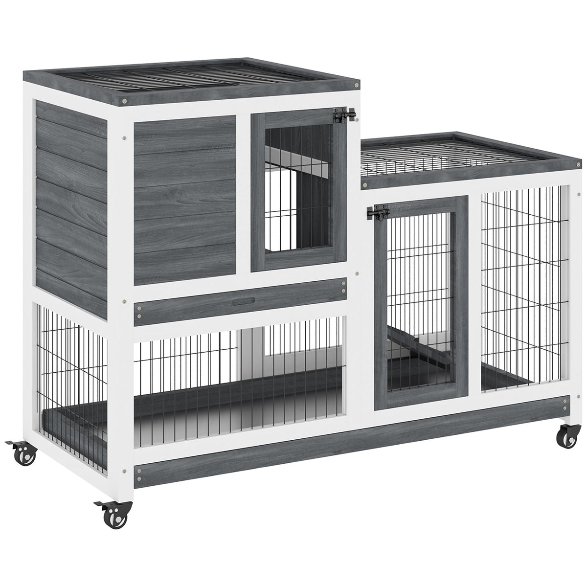 Wooden Rabbit Hutch with Wheels and Removable Tray - Gray