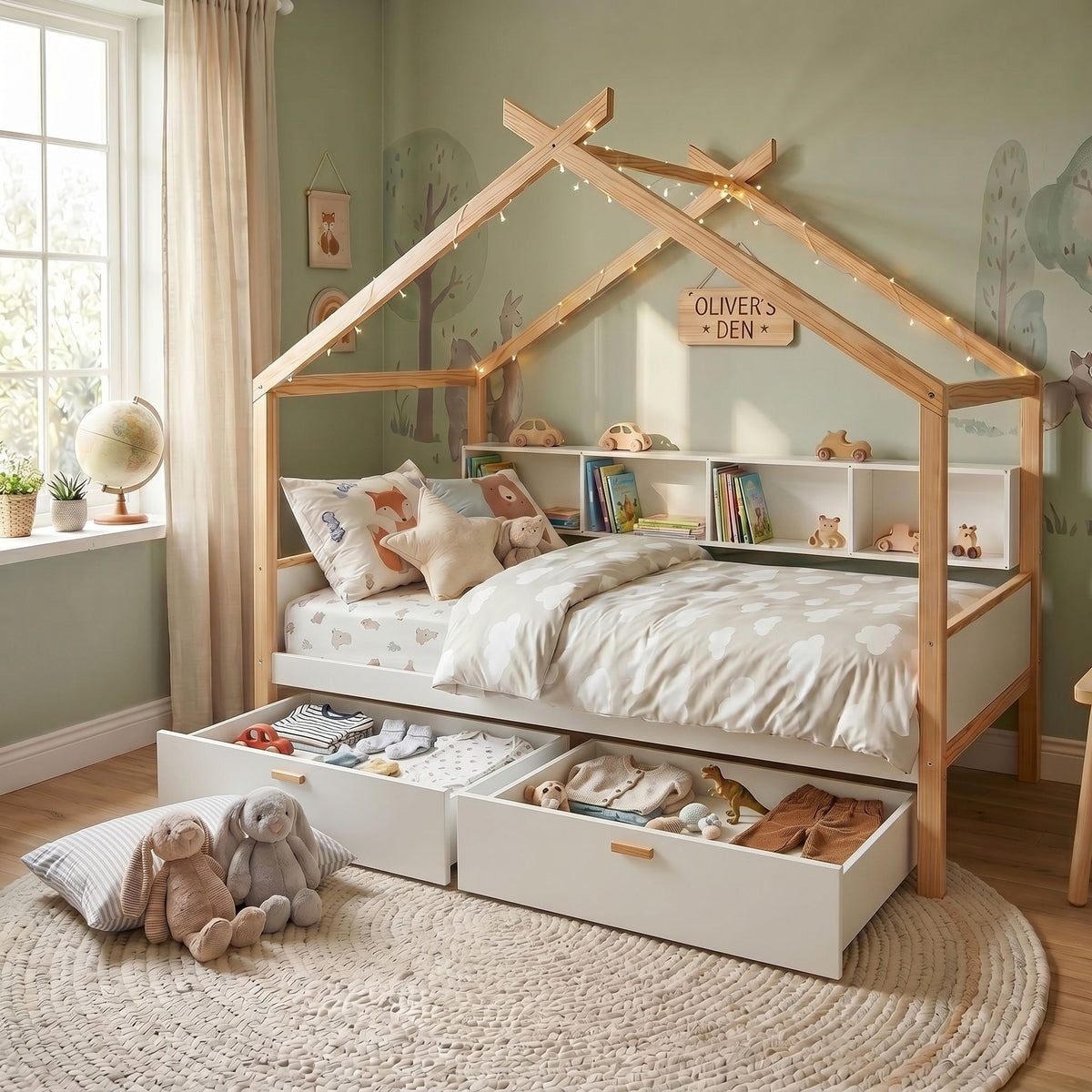House Bed With Bookshelf Storage and Integrated Shelves - White
