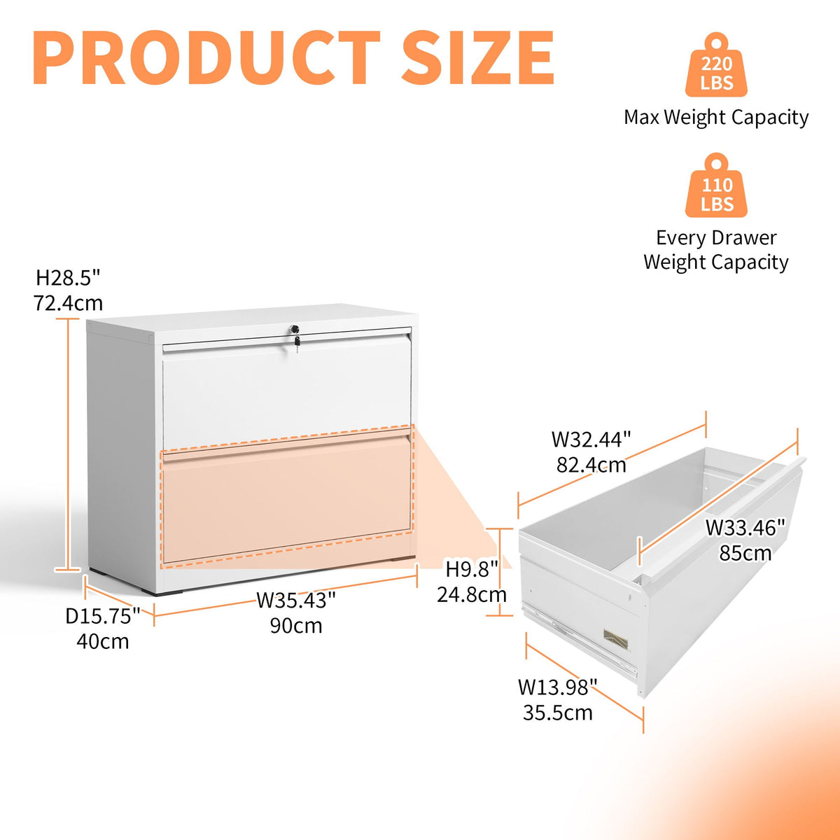 Premium Drawer Metal Lateral File Cabinet with Lock - Black or White