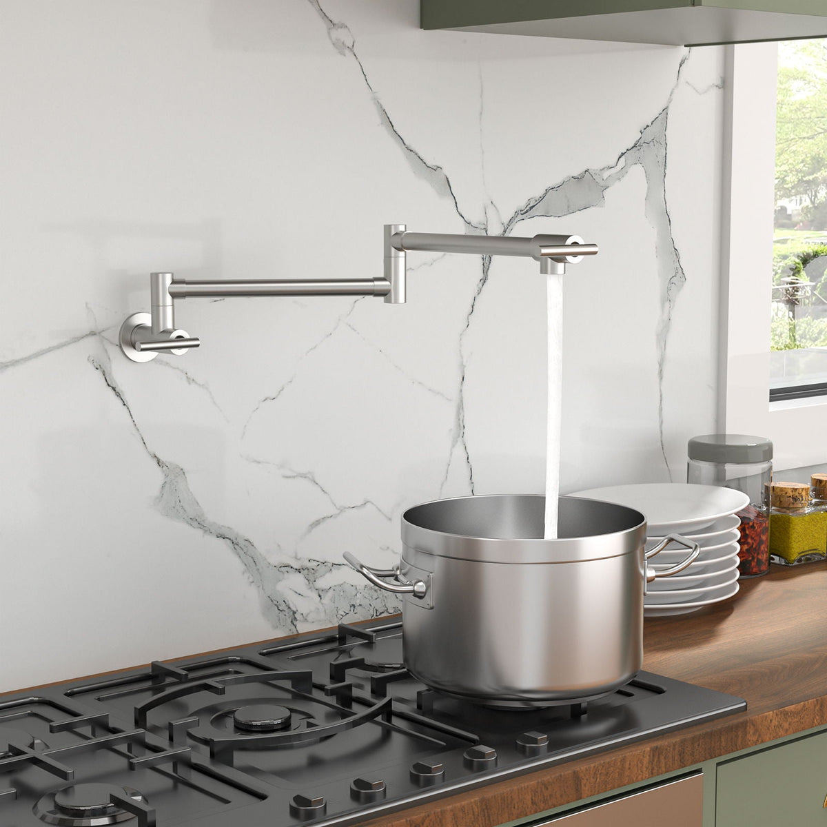 Wall Mount Pot Filler Faucet with Dual Handles - Brushed Nickel