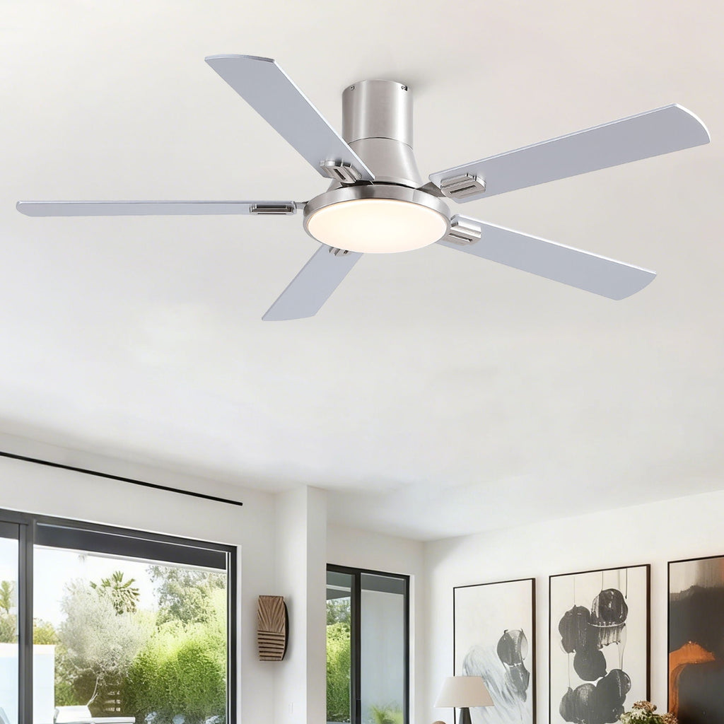 Flush Mount Ceiling Fan with LED Light and Remote Control - Black, White, Pearl Silver