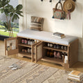 Rustic Storage Bench with Woven Rattan Doors - Natural Wood Finish