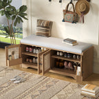 Rustic Storage Bench with Woven Rattan Doors - Natural Wood Finish