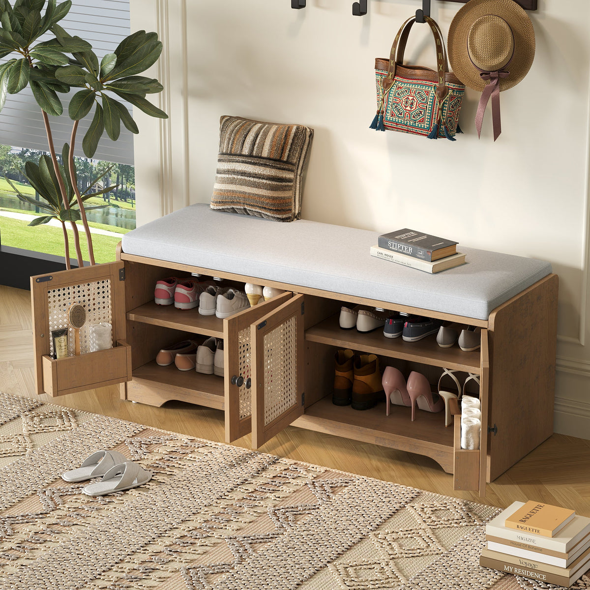 Rustic Storage Bench with Woven Rattan Doors - Natural Wood Finish