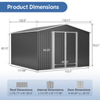 10x10 FT Metal Outdoor Storage Shed with Lockable Double Doors - Black