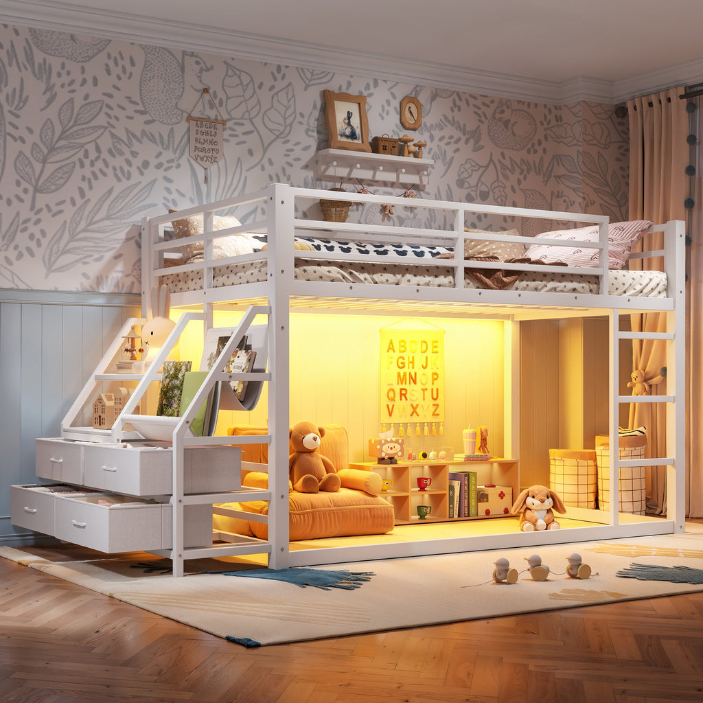 Twin Over Twin Bunk Bed with Storage Shelves and LED Lights - White