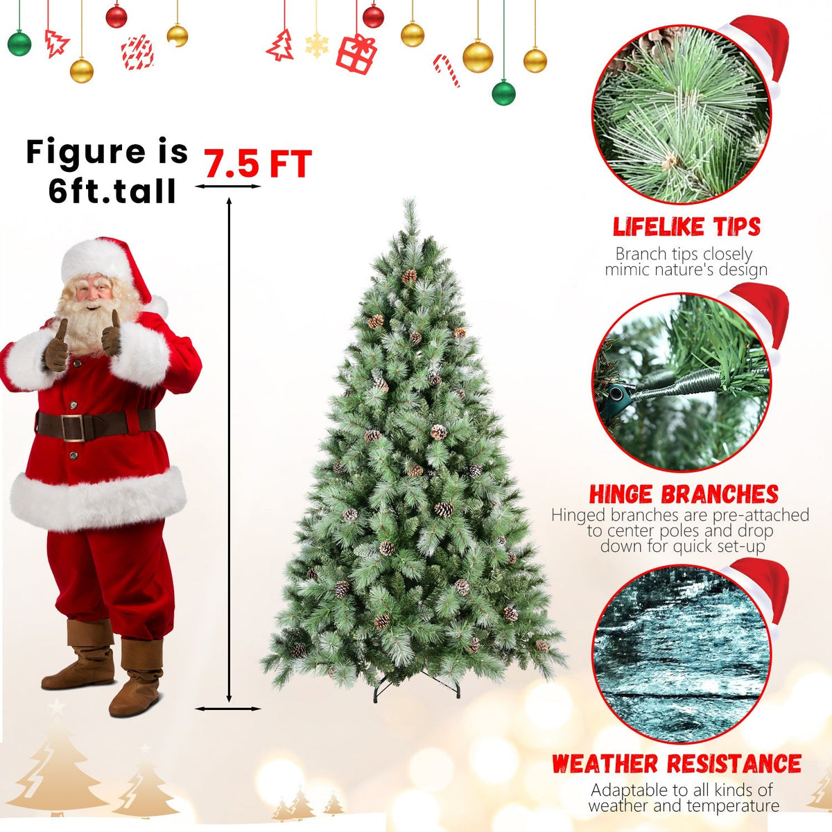 8 Ft Full-Bodied Pre-Decorated Pinecone Christmas Tree with Pine Cones - Green