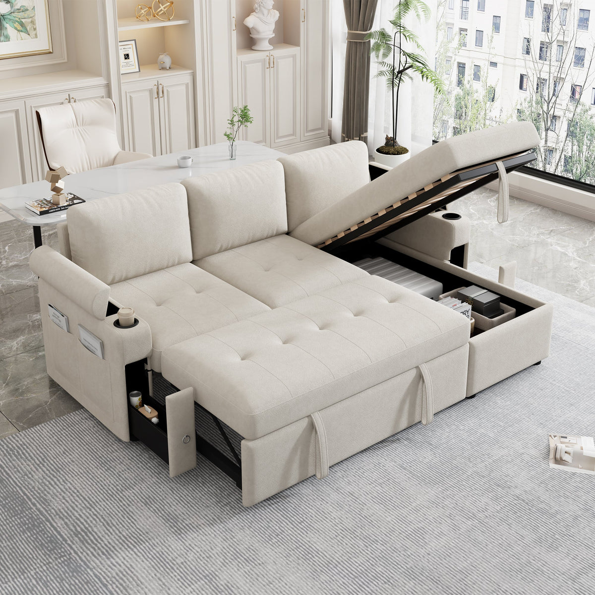 L-Shaped Sectional Sofa Bed with Storage & USB Ports - Chenille