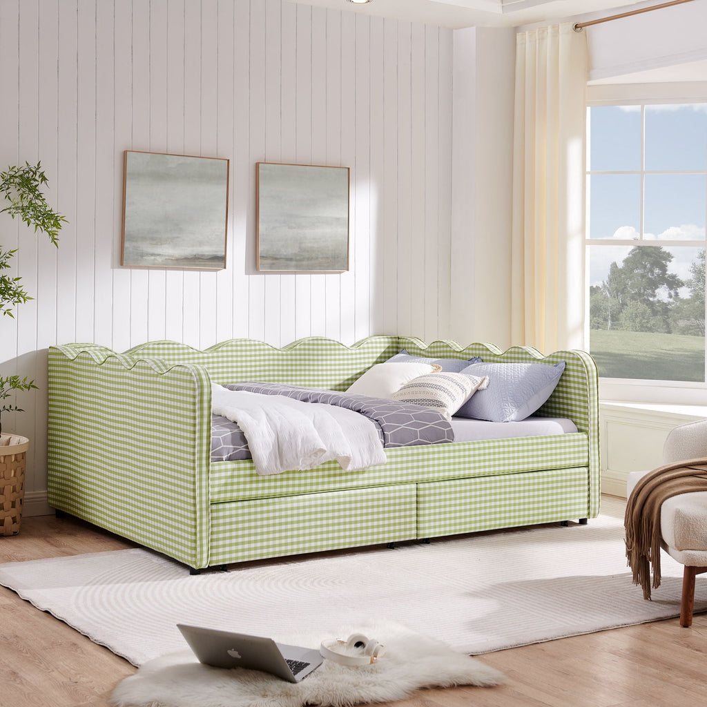 Gingham Daybed with USB Charging Port and Wave-Shaped Design - Multiple Colors