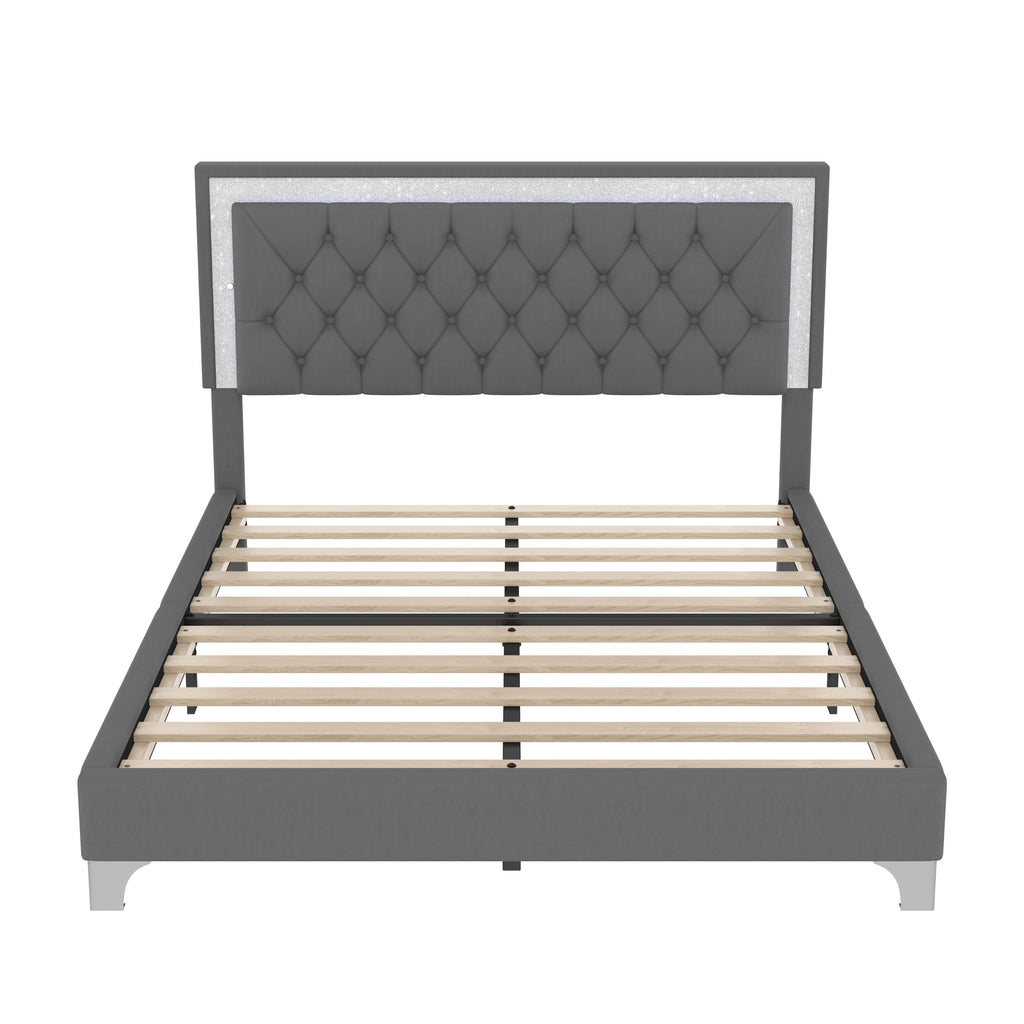 Queen Upholstered Platform Bed with LED Lights - 3-Piece Set, Gray