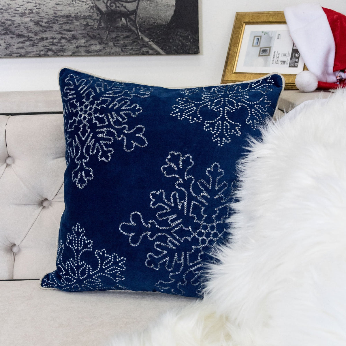 Blue Velvet Holiday Throw Pillow with Silver Snowflakes - Blue