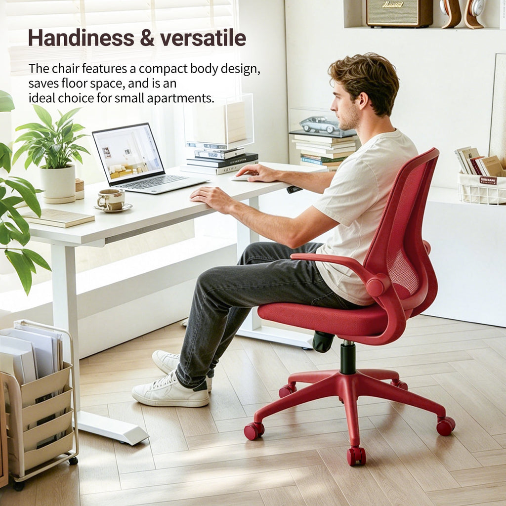Ergonomic Office Chair with Mesh Back and Flipping Armrests - Red