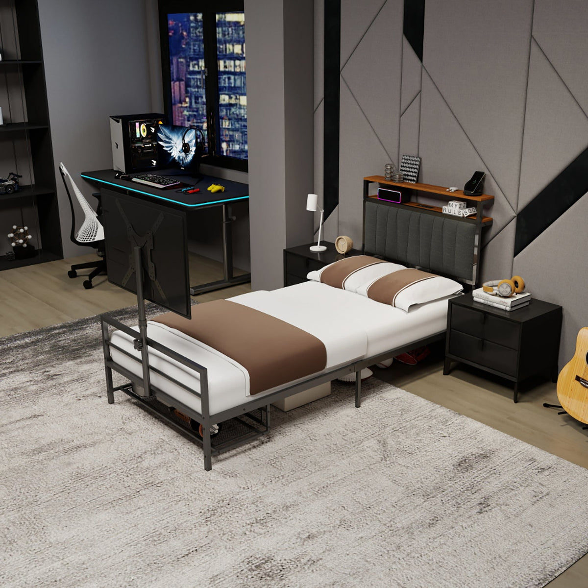 Twin Size Gaming Bed With Rotating TV Mount And LED Lighting