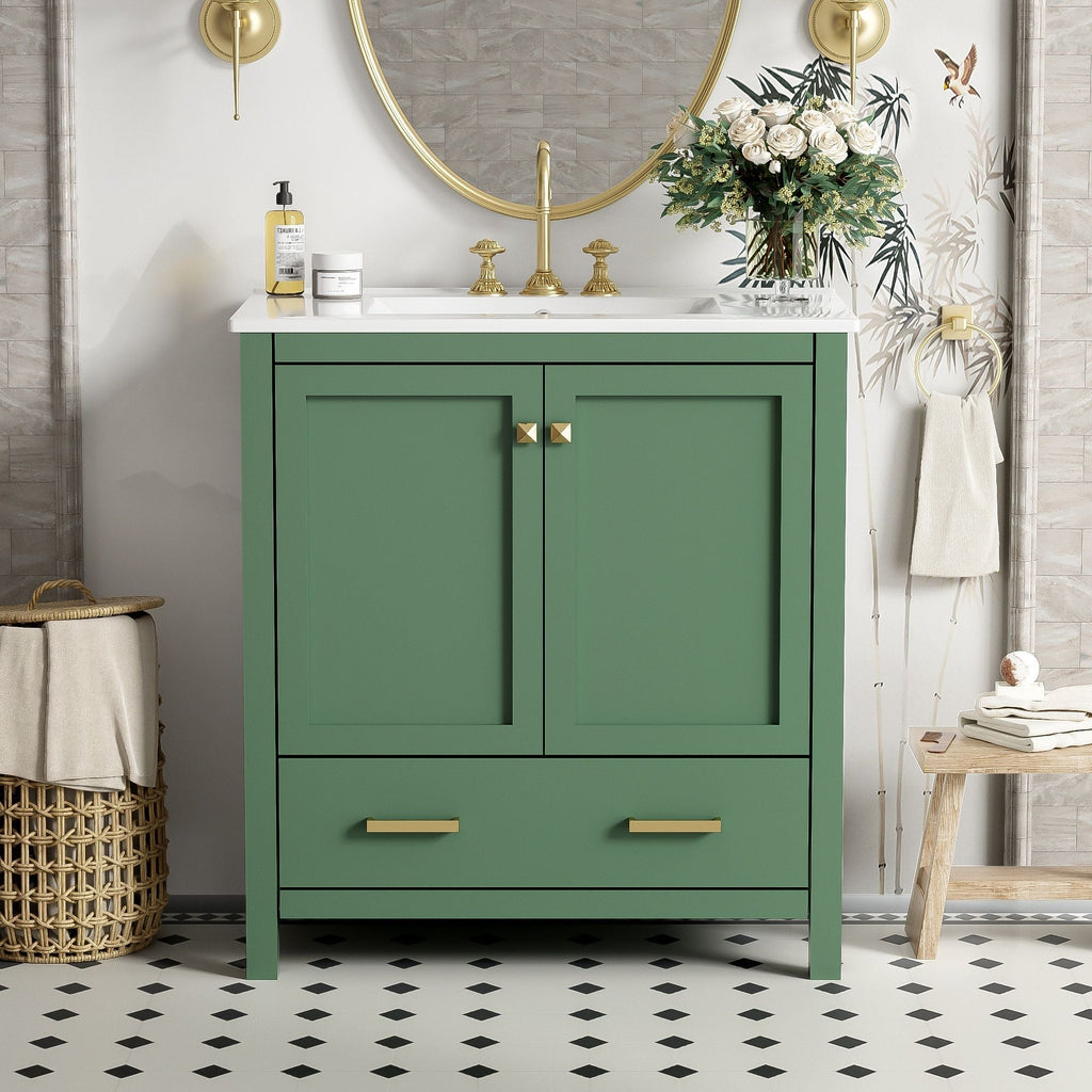 Green Bathroom Vanity with Single Undermount Sink and Storage - Solid Wood