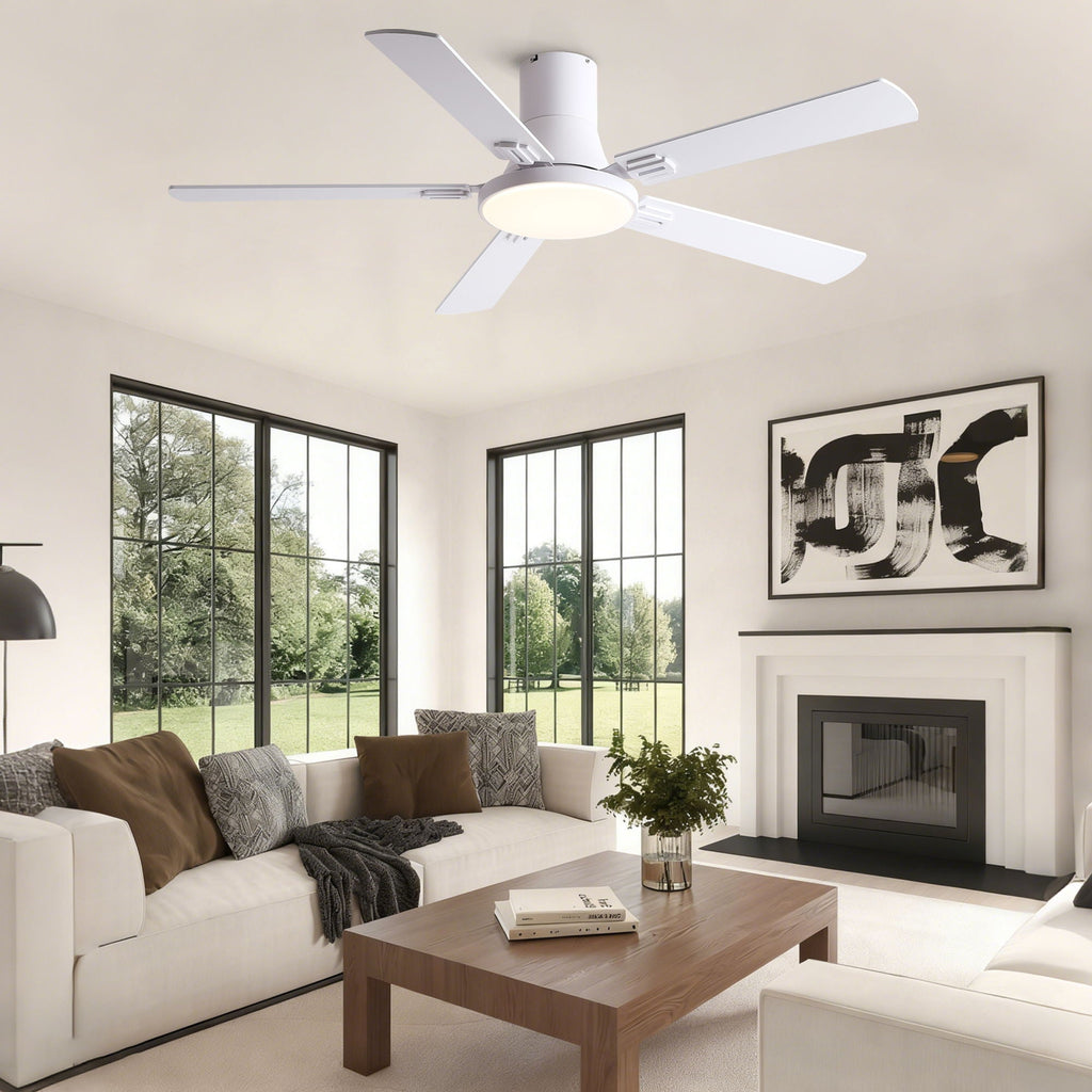 Flush Mount Ceiling Fan with LED Light and Remote Control - Black, White, Pearl Silver