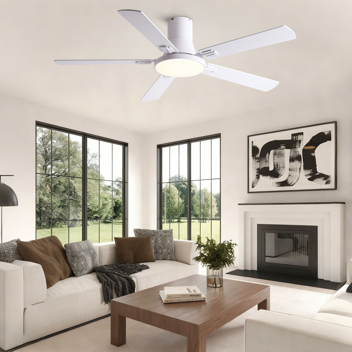 Flush Mount Ceiling Fan with LED Light and Remote Control - Black, White, Pearl Silver