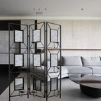 Black Room Divider with Photo Frames, Antique Mirror & Candlesticks - 71" Tall