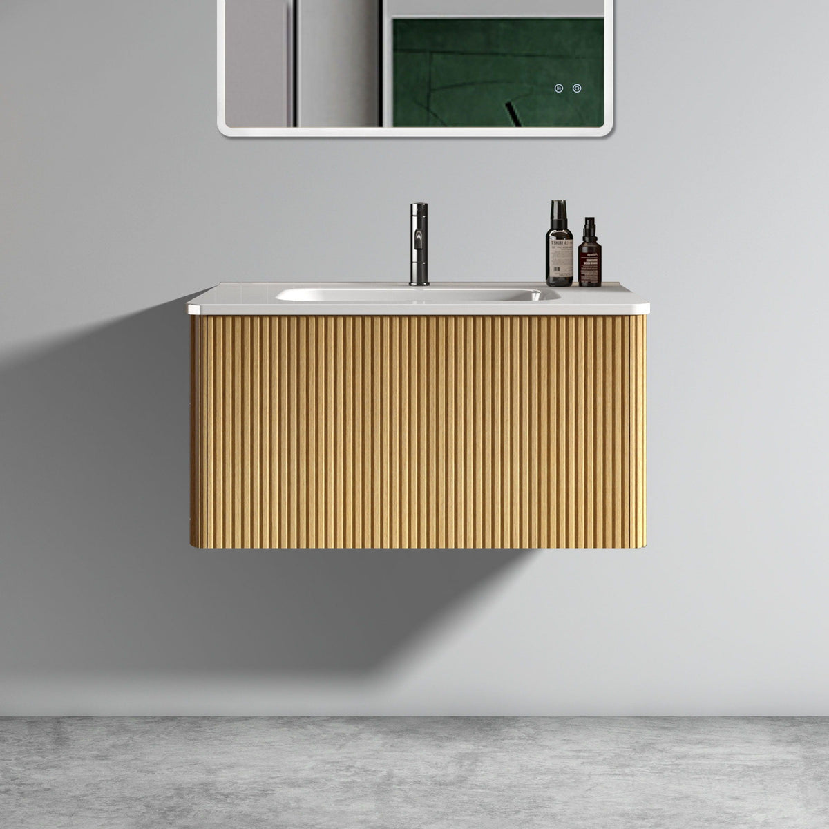 Striped Bathroom Vanity with Ceramic Sink - Wall Mounted, Floating, Curved Safety Edges