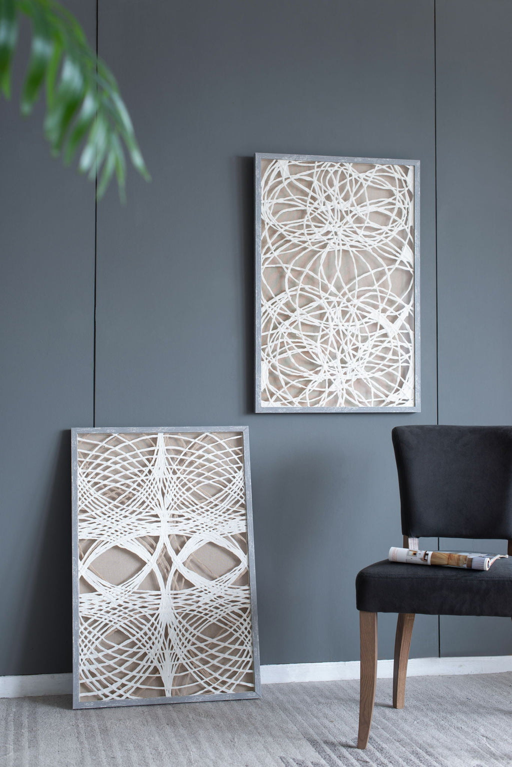 Leaf Shadow Box Wall Decor Set with Intricate Paper Design - White / Gray