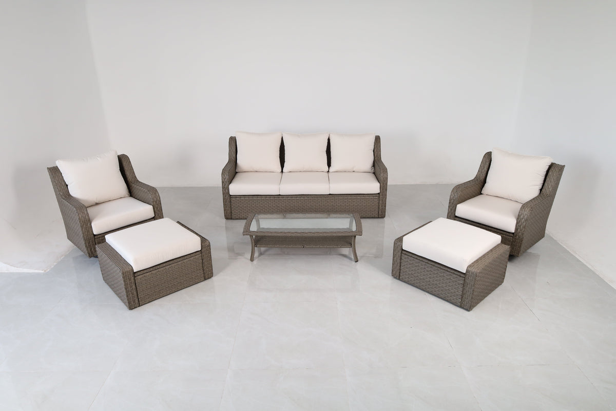 Luxury Rattan Patio Conversation Set with Swivel Chairs & Sofa - Light Gray