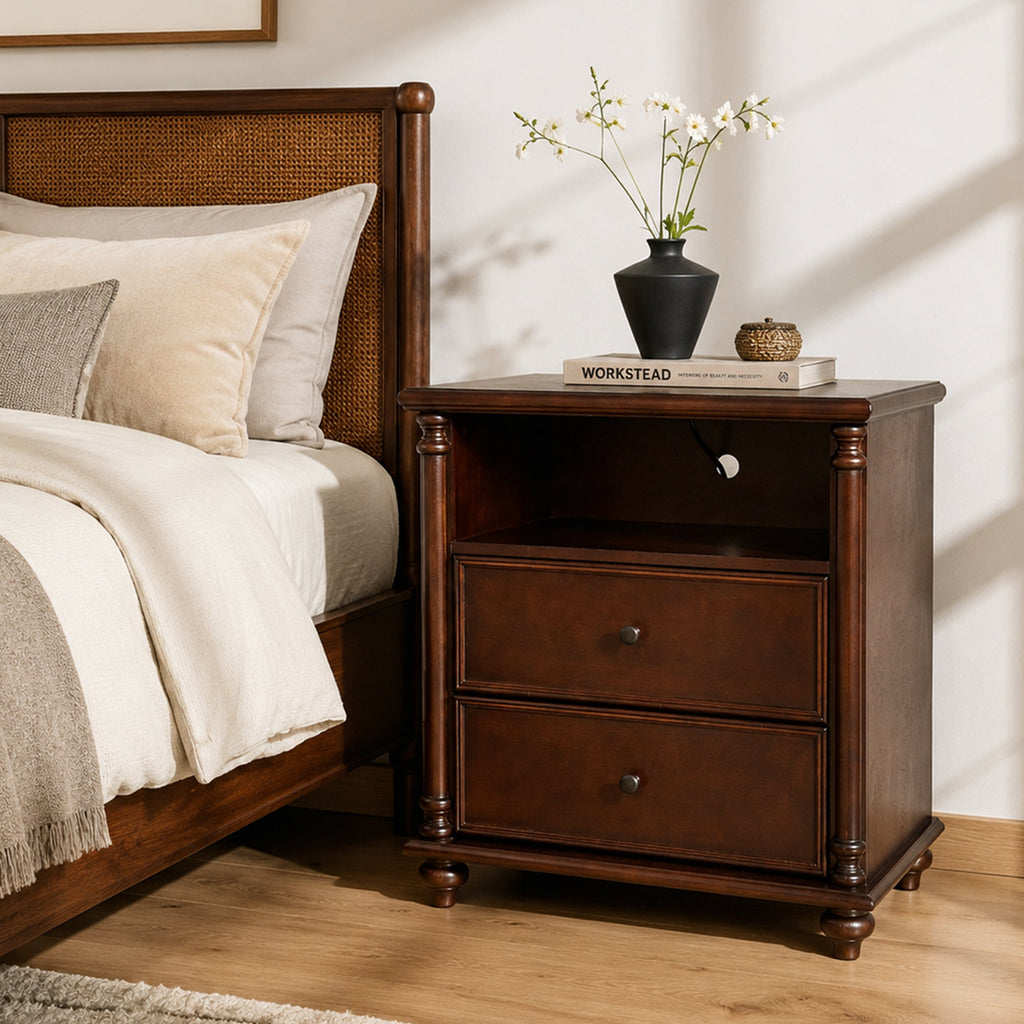 28" Rustic Nightstand with Charging Station - Walnut