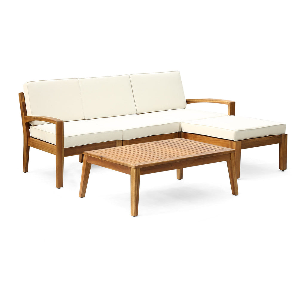 L Shape 3-Piece Acacia Wood Patio Sofa Set with Waterproof Cushions - Natural Finish