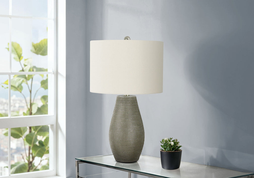 Contemporary Gray Resin Table Lamp with Ivory Drum Shade