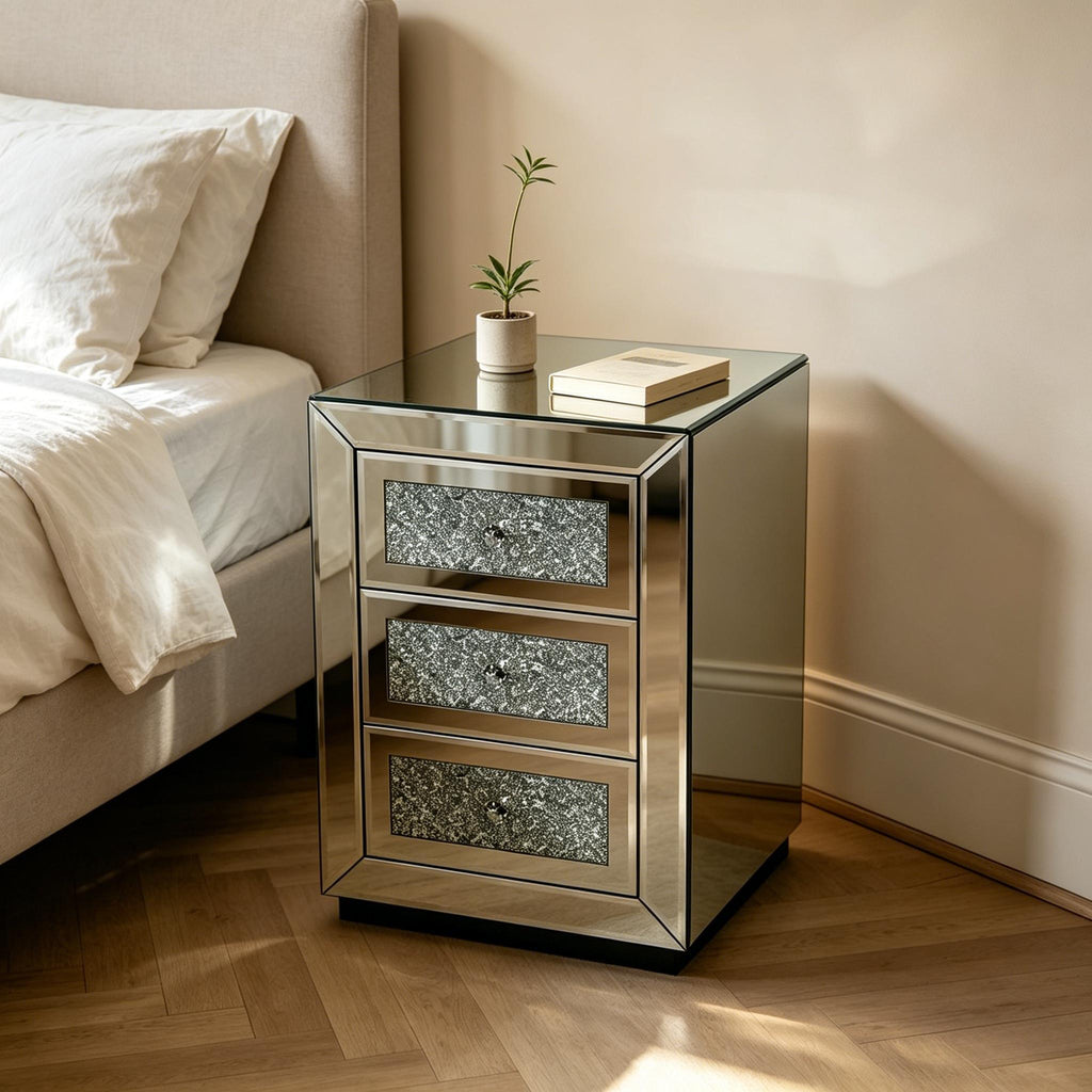3 Drawer Nightstand with Glass Accents - Silver