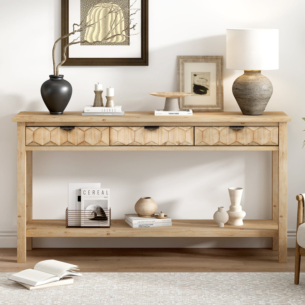 Fir Veneer Entryway Table with Honeycomb-Patterned Drawers - Natural