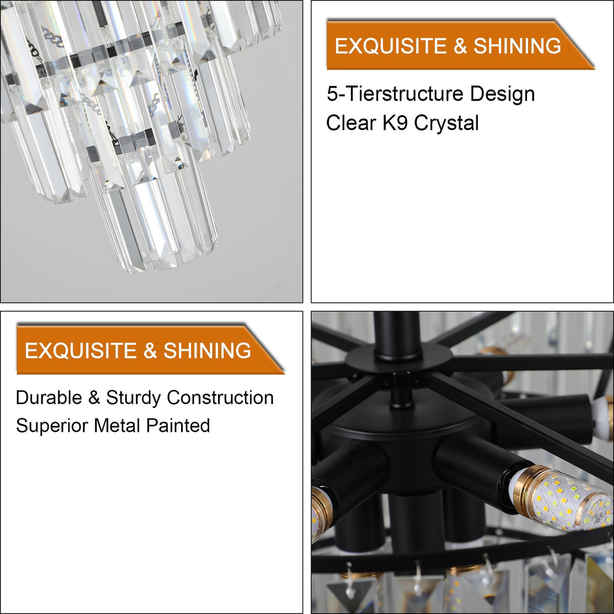 20-Inch Black Crystal Chandelier with K9 Crystals - Modern Flush Mount - Black