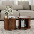 2-Piece Round Coffee Table Set with Sliding Door Storage - Walnut