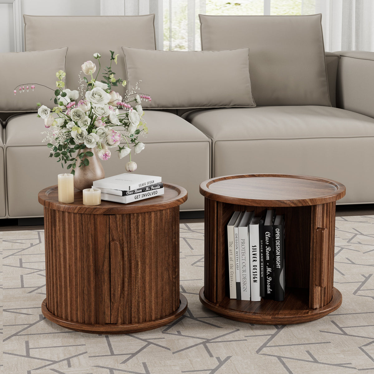 Round Nightstands with Sliding Door Storage - Walnut