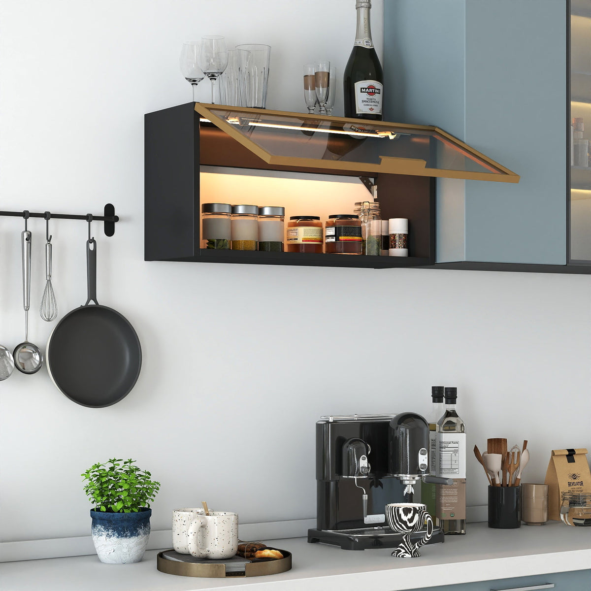 Large-Capacity Spice Rack Wall Mounted Storage Cabinet with Up-Flip Door - Particle Board