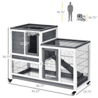 Wooden Rabbit Hutch with Wheels and Removable Tray - Gray