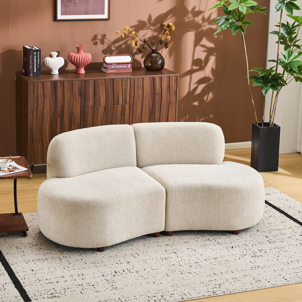 Curved Boucle Sectional Sofa Set with Solid Hardwood Frame - White