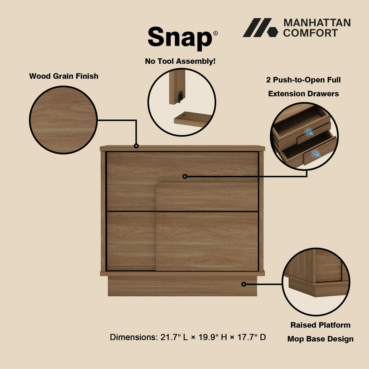 Modern Nightstand with Push to Open Drawers - Dark Gray, Dark Brown, or Light Brown