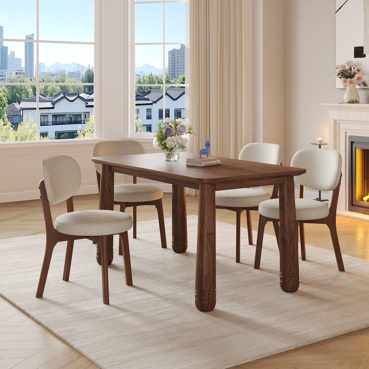 63-Inch Walnut-Finish Dining Set with 4 Upholstered Chairs