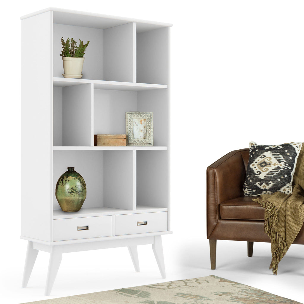 Mid Century Wide Bookcase with Storage Drawers - Multiple Colors