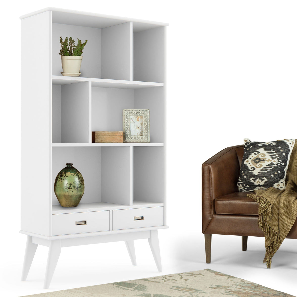 Mid Century Wide Bookcase with Storage Drawers - Multiple Colors