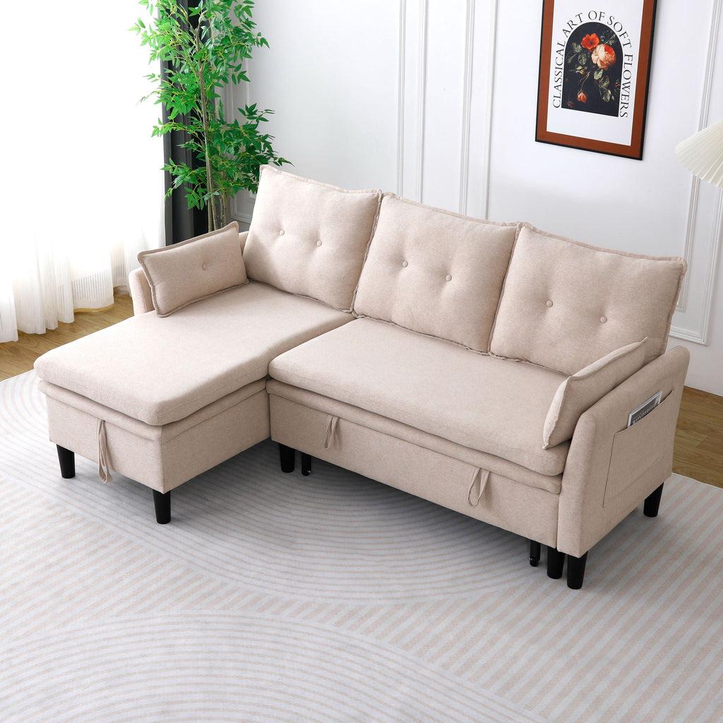 Reversible Chaise Sleeper Sectional Sofa with Storage - Cotton-Linen Upholstery